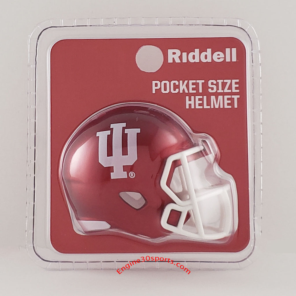 Riddell pocket size Indiana University football helmet in its original blister packaging, featuring a crimson red helmet with a white IU logo and white face mask.
