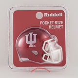 Riddell pocket size Indiana University football helmet in its original blister packaging, featuring a crimson red helmet with a white IU logo and white face mask.