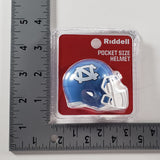 Riddell pocket size helmet in its original blister packaging, featuring a miniature blue and white UNC Tar Heels football helmet.