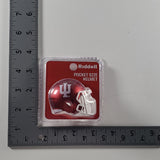 Riddell pocket size Indiana University football helmet in its original blister packaging, featuring a crimson red helmet with a white IU logo and white face mask.