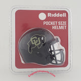 Riddell pocket size helmet in its original blister packaging, featuring a black football helmet with a gold and white 'CU' logo on a red backing card.